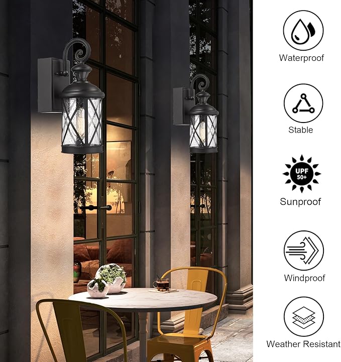 Darkaway Motion Sensor Outdoor Wall Light Dusk to Dawn Outdoor Porch Light with GFCI Outlet Waterproof Exterior Wall Sconce with Seeded Glass Black Wall Mount Lighting Fixture for House Patio Garage