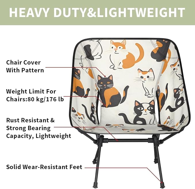 Honeybaby Folding Camping Chair Cat Pattern Camping Chairs Lightweight Portable Chair Outdoor Foldable Chairs for Camping Travel Picnic Beach Hiking