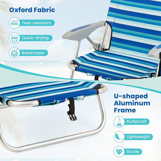 Goplus Beach Chair 330lbs Folding Backpack Chairs for Adults with 4-Position Backrest Storage Pockets Towel Bar &amp Headrest Foldable Low Beach Lounge Portable Aluminum Lay Flat Camping Chair