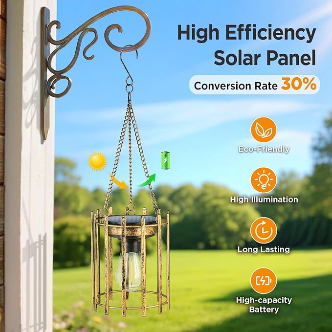 KOOPER Solar Lanterns Outdoor Waterproof 4 Pack Bronze Upgraded Bright Hanging Solar Lights Outdoor Lanterns Decorative Auto ON/Off Metal Hanging Lanterns for Pathway Yard Patio Garden Decor Gift