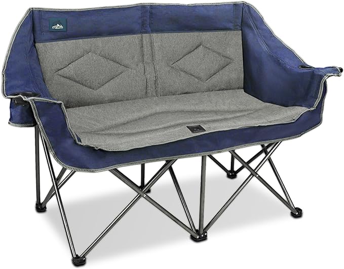 Northroad Folding Loveseat Camping Chair Portable Double Duo Full Padded Garden Chair for 2 Person Sofa w/ 2 Cup HolderWine Glass HolderMesh StorageSupport 500lbs for Picnic Beach Travel(Blue)