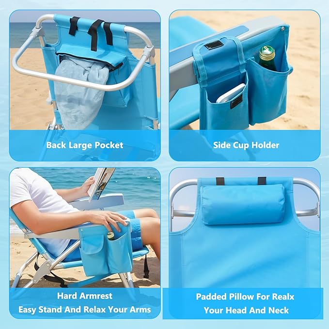 2 Pack Backpack Beach Chairs for Adults Heavy Duty Compact Portable Lay Flat Folding Chair with Backpack Straps and Pocket 5 Positions Aluminum Reclining Chair for Patio OutdoorSupport to 300LBS