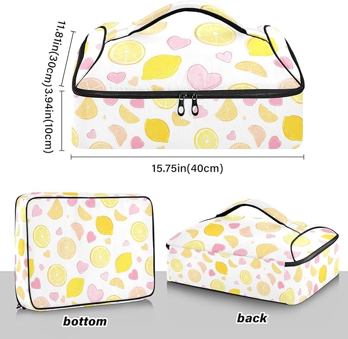 Casserole Carrier Lemon Slices and HeartInsulated Casserole Carrier for Hot or Cold Food Thermal Lunch Tote for Potluck Parties Picnic Beach Fits 9 x 13 Inches Baking Dish