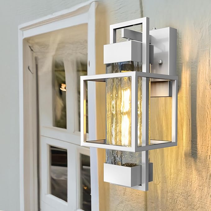 PARTPHONER Modern Outdoor Light Fixtures Dusk to Dawn Outdoor Lighting 2 Pack 15 Exterior Wall Sconce Waterproof Outside Porch Light for House with Water Glass for Garage Doorway Silver