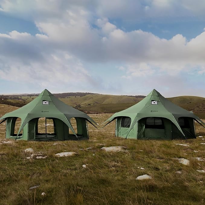 ShinHye 16.4ft Bell Tent for Glamping &amp Camping – Waterproof Canvas with Stove Jack Removable Floor &amp 8 Mesh Windows (Fits 6-8 People)