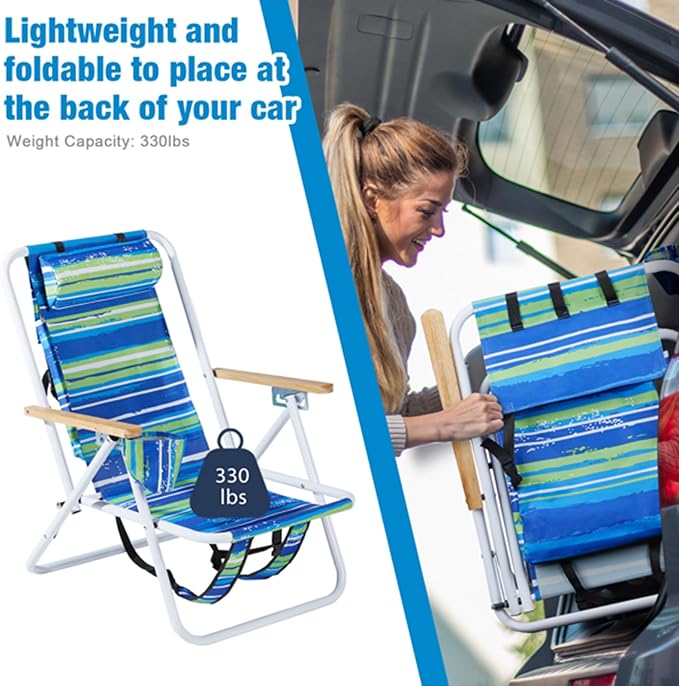 Beach Chairs for Adults 2 PackPortable Folding Backpack Beach Chair with Headrest Cup Holder and Wooden ArmrestsCup Holder for Outdoor/Lawn/PicnicFoldable Camping Chair (Blue Stripes-2Set)