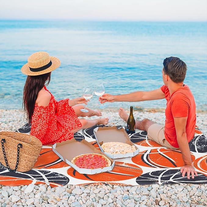 Waterproof Sandproof Beach Blanket 59''×68'' Basketball Polyester Outdoor Picnic Blanket with 4 Stakes &amp Storage Bag for BeachCampingVacation Orange