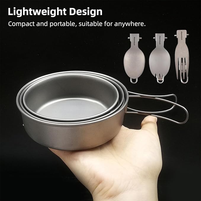 Titanium Camping Bowls and Utensils Set Lightweight Portable Titanium Plates with Folding Handle &amp Forks Spoons Travel Cutlery Dinnerware for Outdoor Camping Backpacking Hiking Picnic