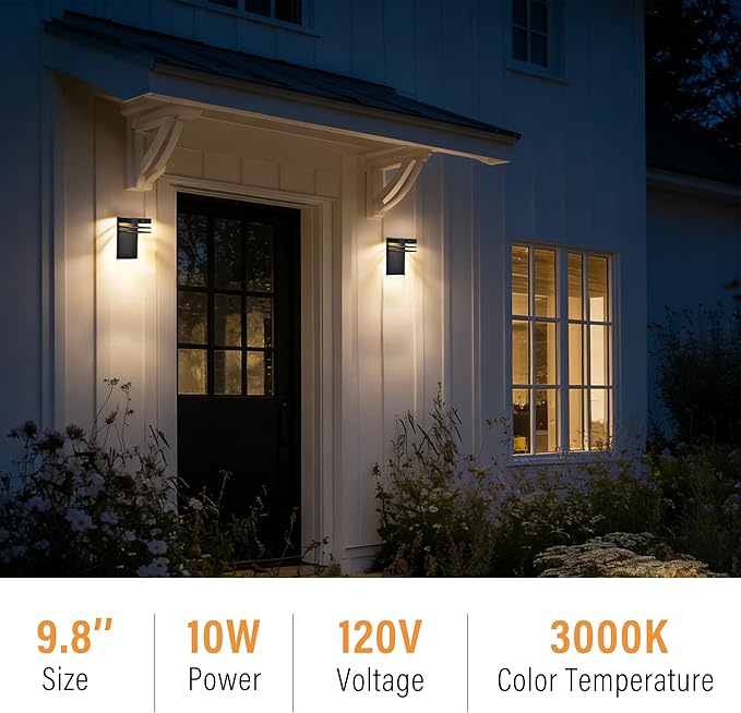 2 Pack Modern Outdoor Wall Light Fixture Dusk to Dawn Sensor - 10W LED 3000K Warm White Black Metal Exterior Sconce - Waterproof Wall Mount Porch/Patio/Garage Light - Hardwired House Light