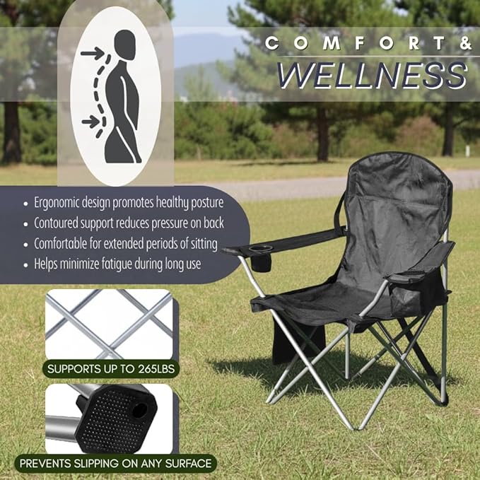 Pack of 2 Portable Lawn Chairs with Built-in Can Cooler Storage Pocket Carry Bag and Cup Holder Includes Carry Bag (2 Black)