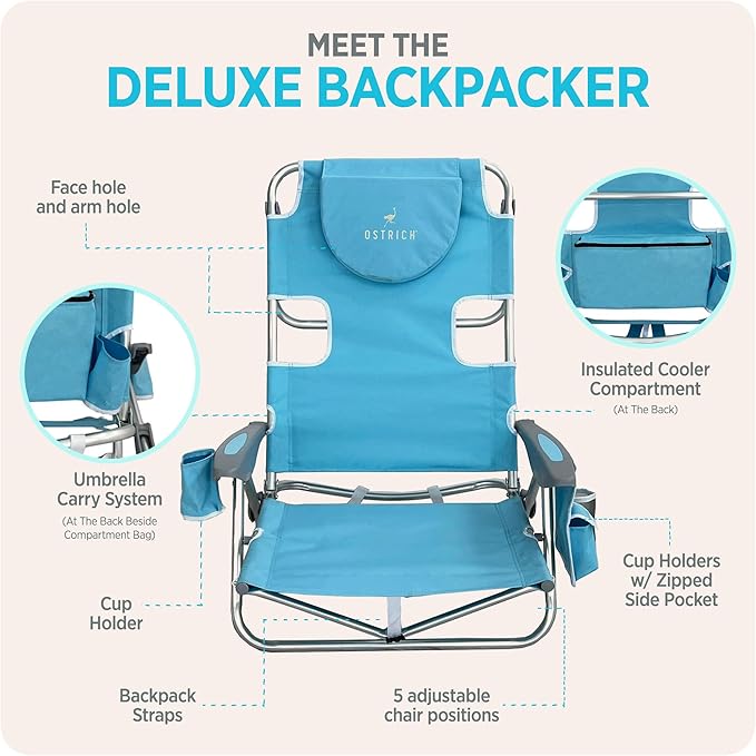 Ostrich The Deluxe Backpacker Portable Beach Chair with Cooler Bag Carry Straps Umbrella Carry System Cup Holder &amp 275lb Capacity Light Blue
