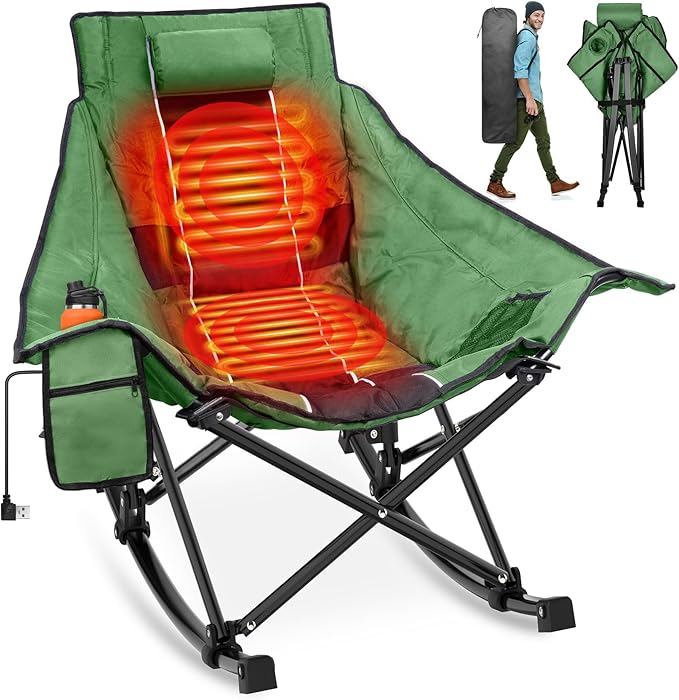 Suteck Heated Rocking Camping Chair XL Oversized Rocking Chair Outdoor with 3 Heat Levels for Back and Seat Heated Chairs Outdoor Sports for Patio Lawn Picnic Travel Power Bank（Not Included）