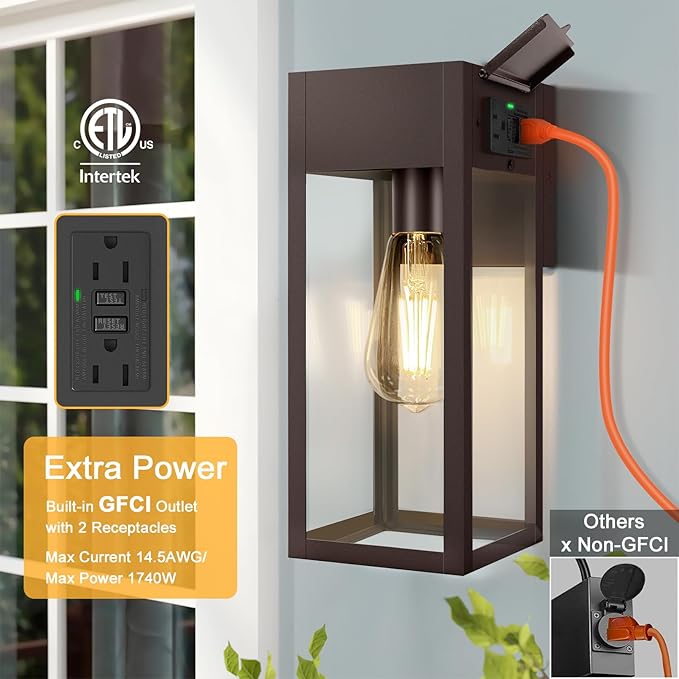 Porch Lights Outdoor Wall Sconce Outdoor Light with GFCI Outlet Waterproof Exterior Wall Lantern Light Fixtures Anti-Rust Wall Lamp for Patio Doorway Garage- Bronze 1 Pack