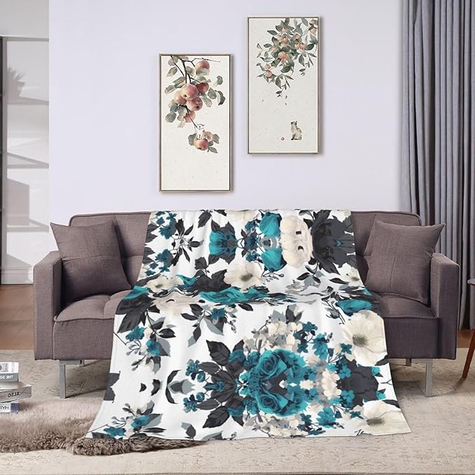 Blankets 60x50 - Lightweight Durable and Compact Anti-Wrinkle Blanket for Bed Sofa Camping Cinema and Travel Black White Teal Gray Rose Flowers Printed