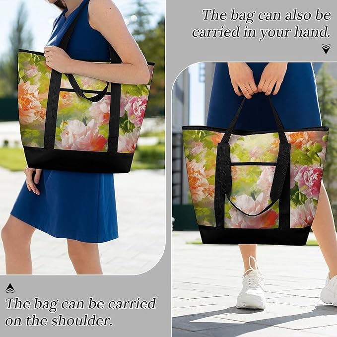 Insulated Shopping BagLarge Reusable Cooler Bags Bright Peonies Printed Foldable Shopping BagTravel Waterproof Shoulder Bag