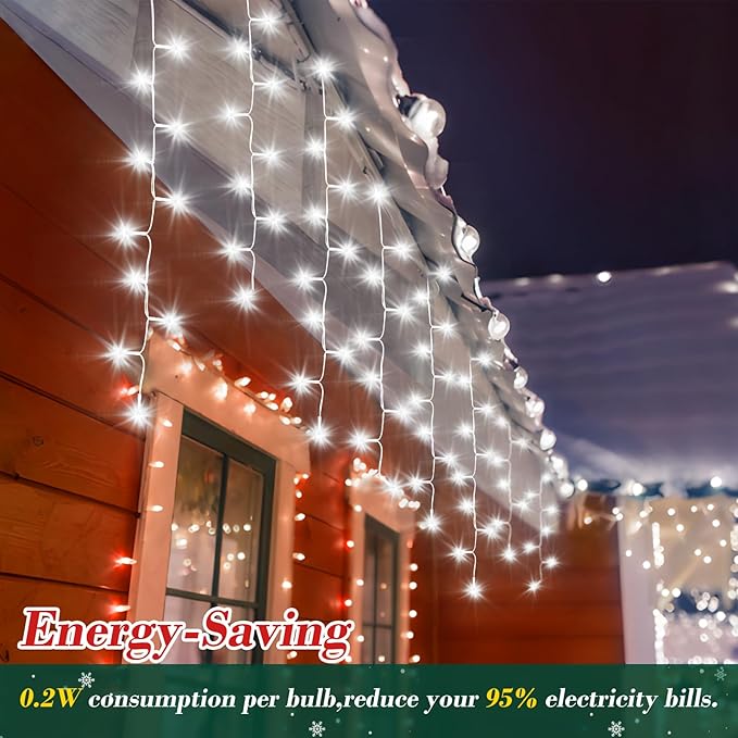 XURISEN 66ft Christmas Lights Decorations Outdoor 640 LED 8 Modes Curtain Fairy Lights with 120 DropsPlug in Waterproof Timer Memory Function for Christmas Holiday Wedding Party Decor(Cool White)