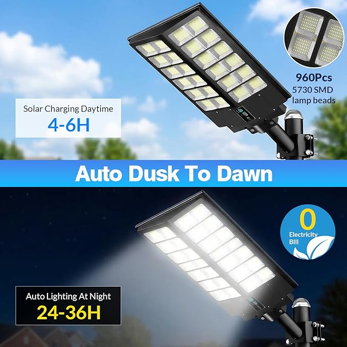 JWT 30 Large Solar Street Light 9000W Solar Street Lights Outdoor 320000LM6500K Commercial Parking Lot Light Solar Flood Outdoor Lights IP66 Waterproof with Motion Sensor