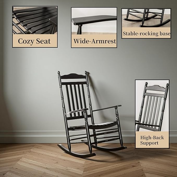 Outdoor Patio Rocking Chairs Set of 2 Porch Wooden Comfy Rockers for Adult Furniture Indoor Outside Camping Balcony Garden Backyard Lawn and Bistro Black