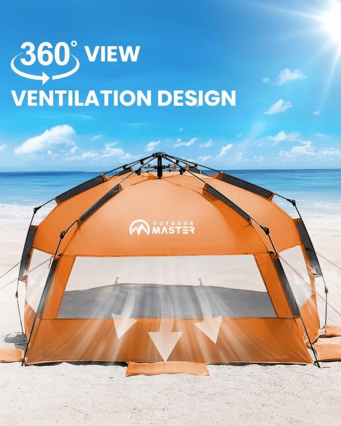 OutdoorMaster Beach Tent Sun Shelter for 3-4 Person Pop Up Beach Tent Easy Setup with Sandbags Portable Sun Shade Canopy with Carrying Bag for Beach &amp Outdoor UPF50+ UV Protection Family Size