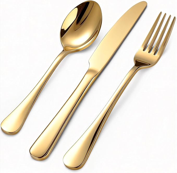 60 Piece Gold Silverware Set for 20 18/0 Stainless Steel Heavy Forks Spoons and Knives Set Mirror Finish Gold Flatware Dishwasher Safe for Family Picnics Daily Gatherings
