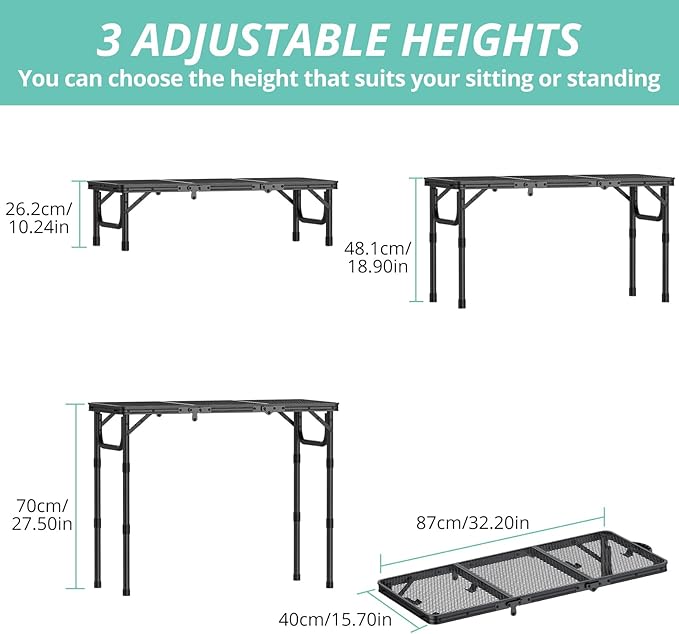 VINTEAM Folding Grill Table with Mesh Top 3 Adjustable Heights Lightweight Portable Camping Table Black Aluminum Alloy BBQ Picnic Table for Outdoor Cooking Tailgating Beach RV &amp Backyard