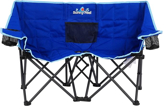 SUNNYFEEL Kids Folding Double Camping Chair Portable Kids Camping Chairs 2 Seat Chair Blue Padded Foldable Lawn Chairs with Cup Holder for Beach/Outdoor/Travel/Picnic Foldable Camp Chairs 2 Person