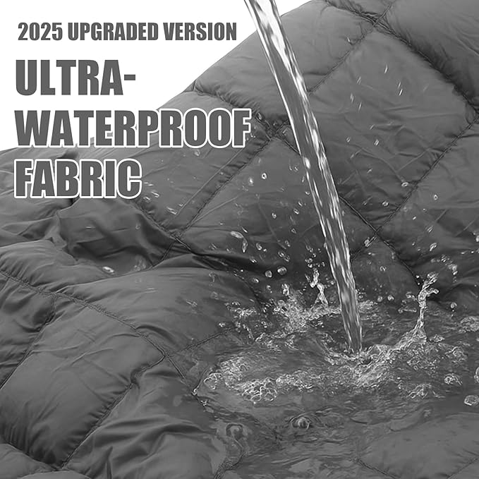 Upgraded Hooded Down Camping Blanket Waterproof 650 Fill Puffy Poncho Blanket 77 x 50 Packable Wearable Sleeping Bag with Detachable Hat Outdoor Stadium Camping 1.36 lb(Grey)