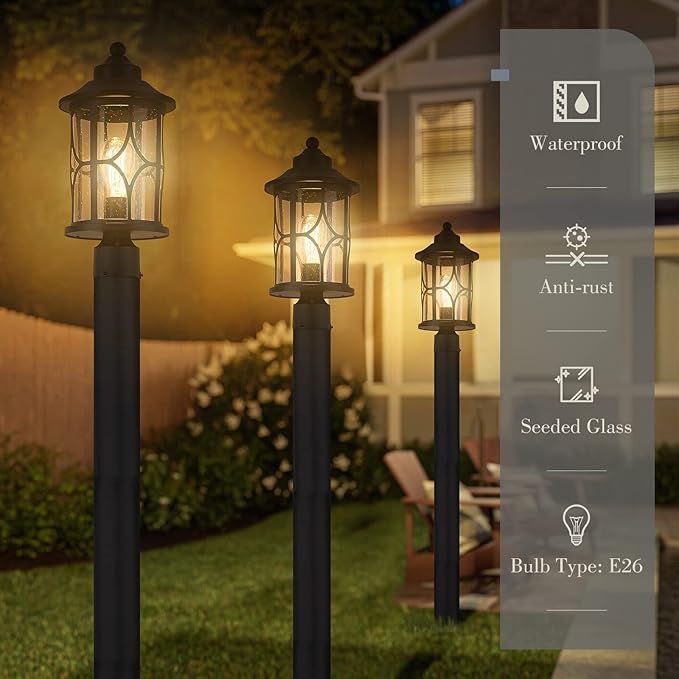 zeyu Farmhouse Exterior Post Light Fixture 17 Inch Modern Outdoor Pole Light for House Patio Yard Die-Cast Aluminum with Seeded Glass Shade Black Finish ZX48MP BK