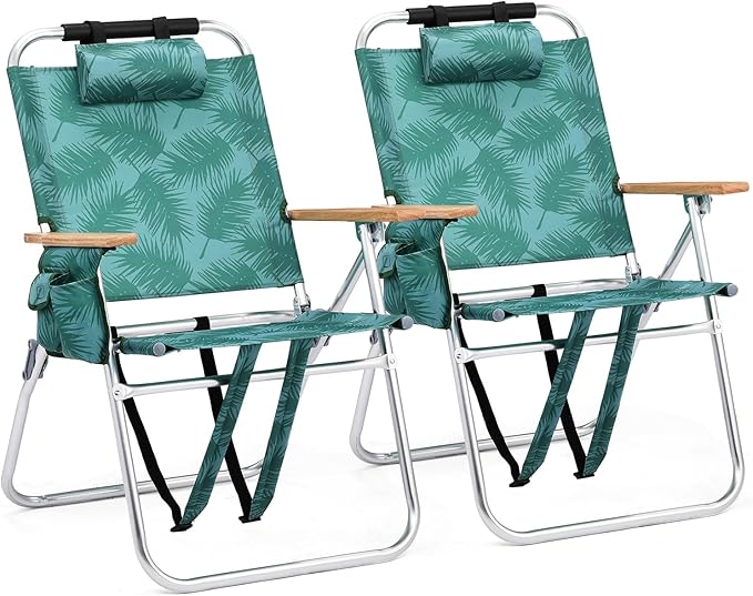 Bonnlo Lightweught 17 Backpack Beach Chair Tall Beach Chairs for Adults Portable with Adjustable Straps 3-Position Reclining Cup Holder High Beach Chairs for Beach