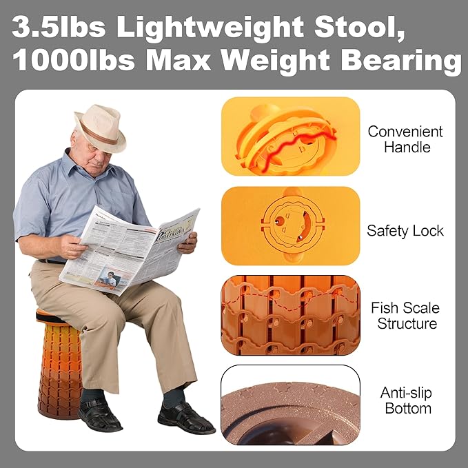 Upgraded 19.7Portable Collapsible Folding Stool with Cushion Retractable Telescoping Foldable Stool for Adults Heavy Duty Camping Sturdy with Max Load Capacity 1000lbs for Outdoor Fishing Hiking BBQ