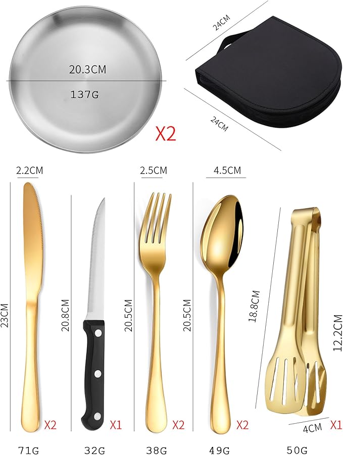 Camping Mess Kits with Portable Case Stainless Steel Outdoor Picnic Dinnerware Set with Plate Spoon Fork Knife Cloth Napkins