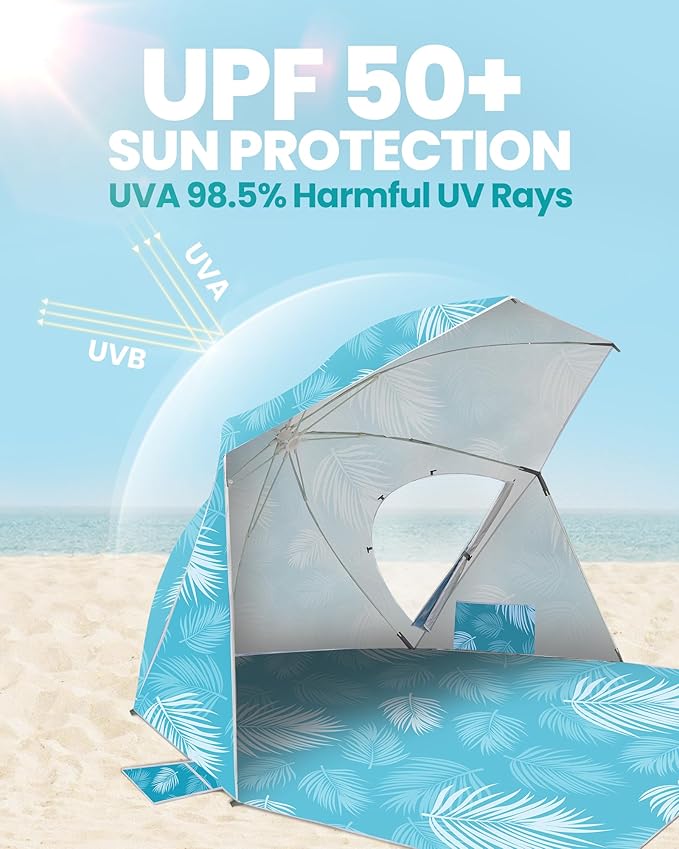 OutdoorMaster Pop Up Beach Umbrella Portable Beach Tent Shelter Beach Shade Sun Canopy with UPF 50+ UV Protection Extendable Floor with Carrying Bag