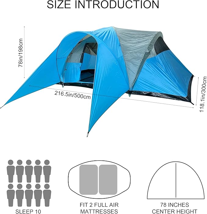 Large Camping Tent Family Tent 8-10 People 216.5x118.1x77.95 inches Waterproof Mesh Roof 2 Bedrooms and 1 Living Room Blue (Blue)