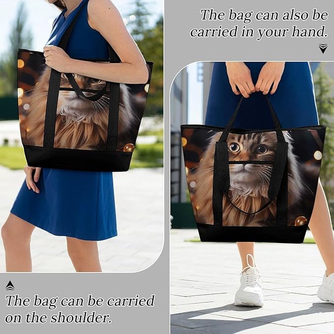Insulated Shopping BagLarge Reusable Cooler Bags Cat Hanging Christmas Lights Printed Foldable Shopping BagTravel Waterproof Shoulder Bag
