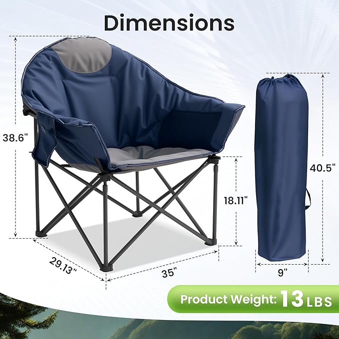 2 Pack Oversized Camping Chair with Cup Holder &amp Carry Bag 500lbs Heavy Duty Moon Saucer Folding Chair for Outdoor Lawn Sports Patio Navy Blue