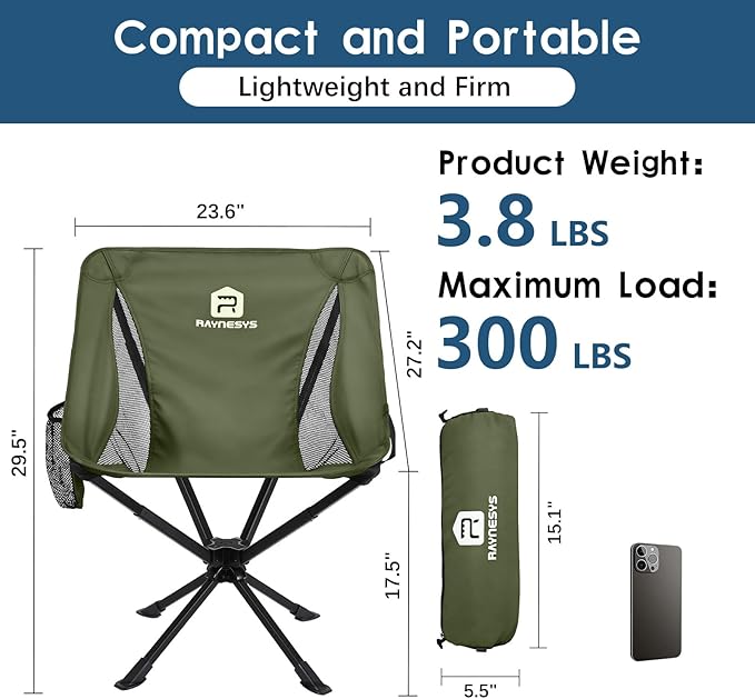 Portable Camping Chair 2 Pack 8 Seconds Quick Setup Folding Camping Chair Flexible 360° Rotation 3.8Lb Lightweight Travel Chairs for Easy Carry to Hiking Sporting Beach Army Green