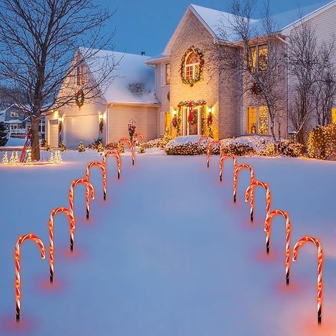 Christmas Candy Cane Lights - 16 inch Set of 12 Pcs Christmas Candy Cane Pathway Markers Lights Outdoor Walkway Lighting with Stakes for Yard Lawn Sidewalk Driveway 20 Feet
