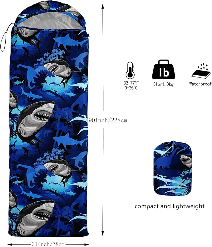 BailiPromise Shark Printed Camping Sleeping Bags3 Season Warm &amp Cool WeatherLightweightWaterproof Sleeping Bags for Adults &amp KidsTravelingand OutdoorsCamping Gear Equipment31x90inch St