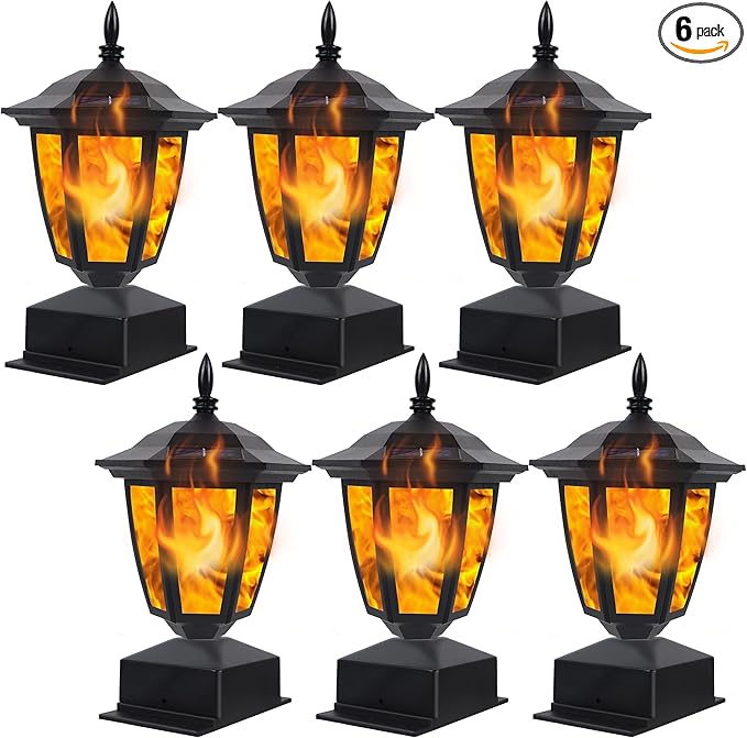 Dynaming Solar Flame Post Lights Outdoor Solar Powered Lamps Fence Post Cap Lights Flickering Flame LED Lantern Decorative Waterproof for Garden Deck Patio Fit 4x4 5x5 or 6x6 Wooden Posts 6 Pack