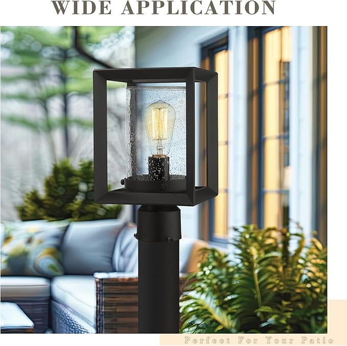 Emliviar Post Lights Outdoor Fixture 1-Light Lamp Post Lantern Black Finish Seeded Glass 2083P BK