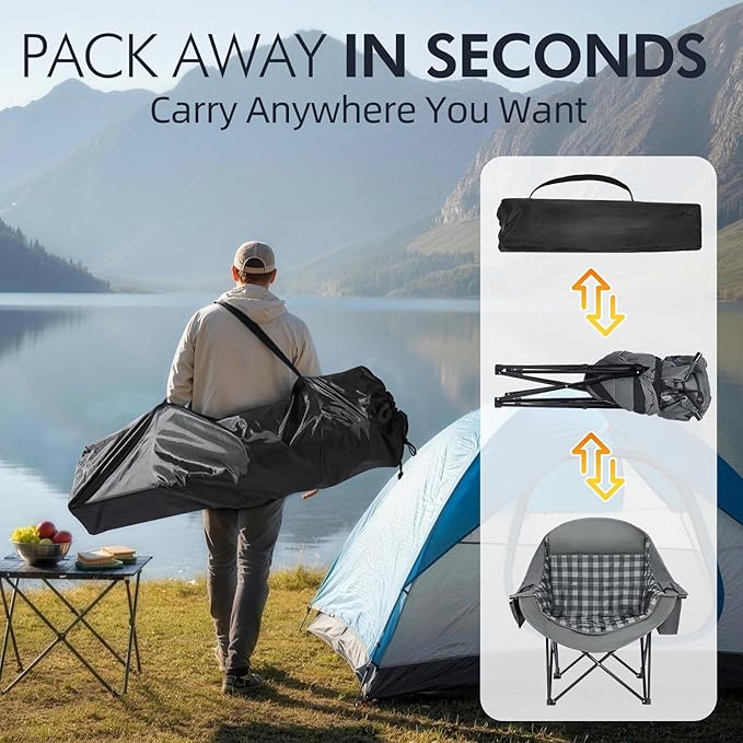 Oversized Camping Chairs for Adults - Heavy Duty Padded Outdoor Folding Lawn XL Camp Chair with Cup Holder Cooler Pockets for Outside Sports Beach Fishing Garden Portable Supports 500lbs Grey
