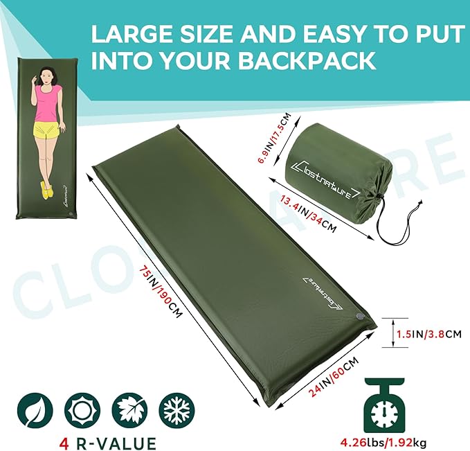 Clostnature Self Inflating Sleeping Pad for Camping - 1.5/2/3 inch Camping Pad Lightweight Inflatable Sleeping Mat for Backpacking Compact Ultralight Foam Air Mattress for Tent Hammock
