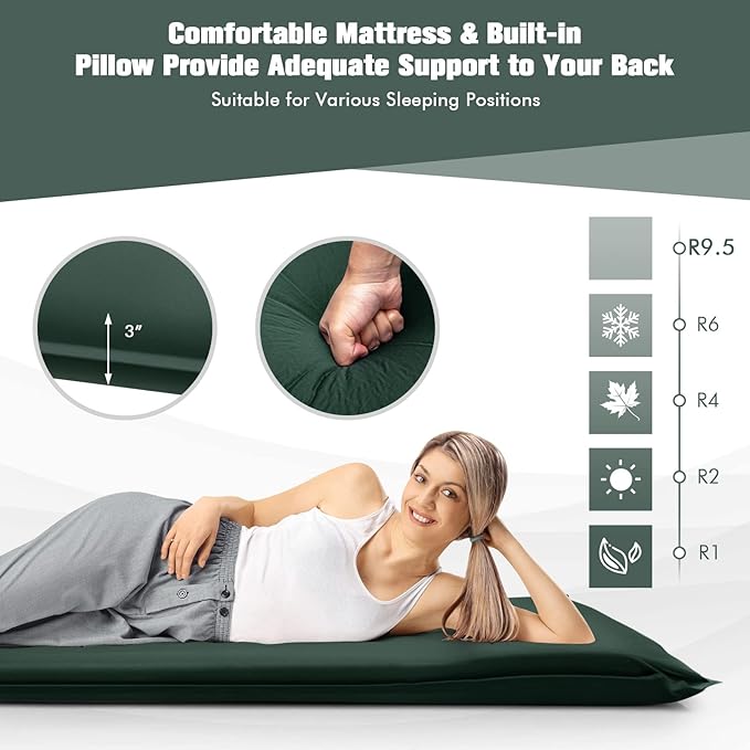 Tangkula Self Inflating Sleeping Pad 3 Inch Inflatable Camping Mattress Pad with 9.5R Value Insulated Foam Camping Mat with Pillow Lightweight Camp Sleep Pad for Backpacking Car Tent