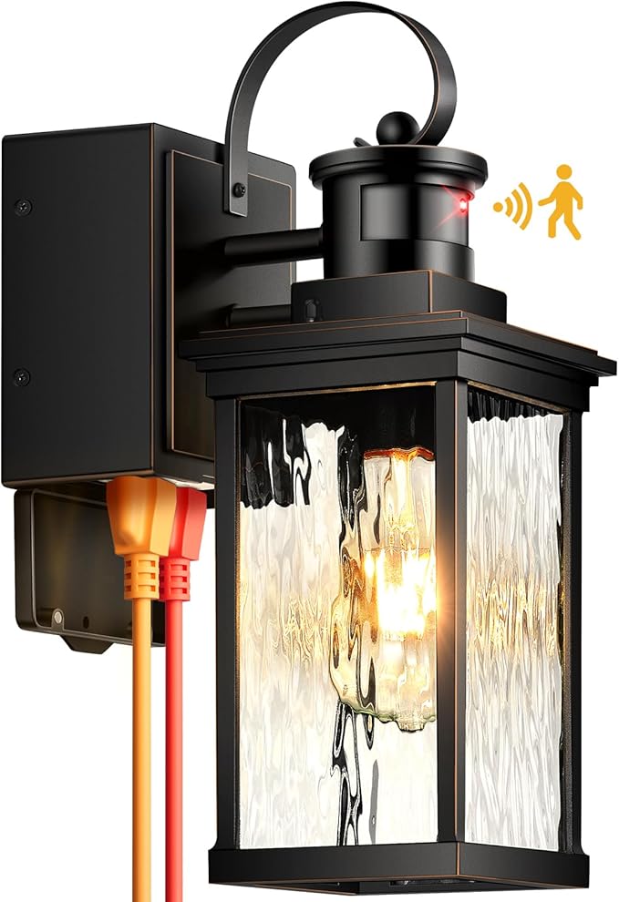 Outdoor Wall Sconce Lights with GFCI Outlet Modern Black Gold Trim Motion Sensor Outdoor Garage Lights Wall Mount Sconce Lantern Die-cast Aluminum Exterior Lighting Fixtures for House Porch