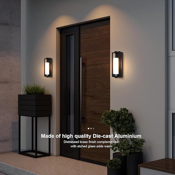 ALVIME Modern Black Outdoor Wall Light Fixtures 15 Inch 2 Pack Outdoor Wall Sconce for House Waterproof Exterior Lighting Fixtures for Garage Doorway Porch Patio E26 Base&ampEtched Opal Glass