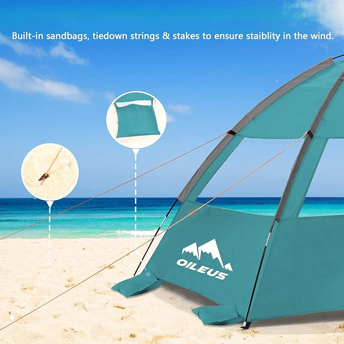 Oileus Beach Tent 2-3 Person Portable Sun Shade Shelter UV Protection Extended Floor Ventilating Mesh Roll Up Windows Carrying Bag Stakes 6 Sand Pockets Fishing Hiking Camping Sky Blue
