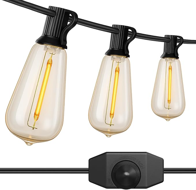 100ft Outdoor String Lights with Rotary Dimmer 52 LED Edison Bulbs Dimmable Waterproof Shatterproof 2200K Warm