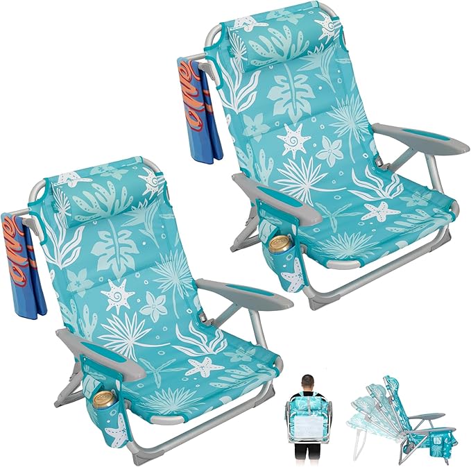#WEJOY Beach Chair for Adults Reclining Adjustable PositionLay Flat Lightweight Folding Portable Aluminum Chair with Backpack StrapsPadded headrest Heavy Duty 400 lbs Lawn Chair for Beach 2 Pack