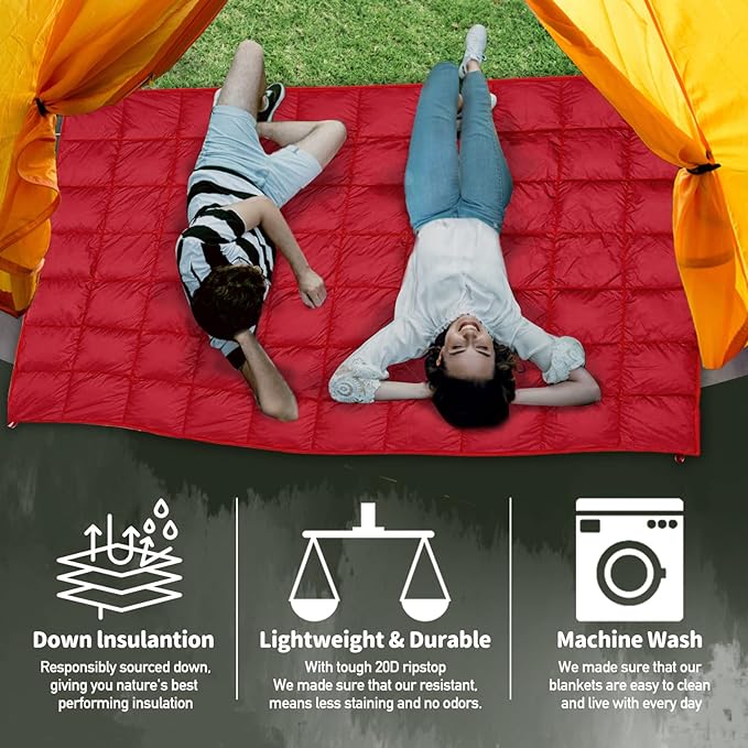 Outdoor Puffy Camping Blanket Lightweight Down Alternative Puffy Printed Camping Large Ultra Warm Hammock Top Quilt Waterproof Blanket for Traveling Picnic Beach Party Cold Weather (Red)