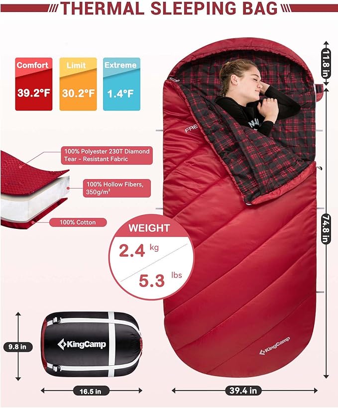 KingCamp Sleeping Bag for Adults Cold Weather &amp Warm Extra Wide Big &amp Tall XL Portable Waterproof Flannel Sleeping Bags Essentials Gear Accessories for Camping Backpacking Hiking Indoor &amp